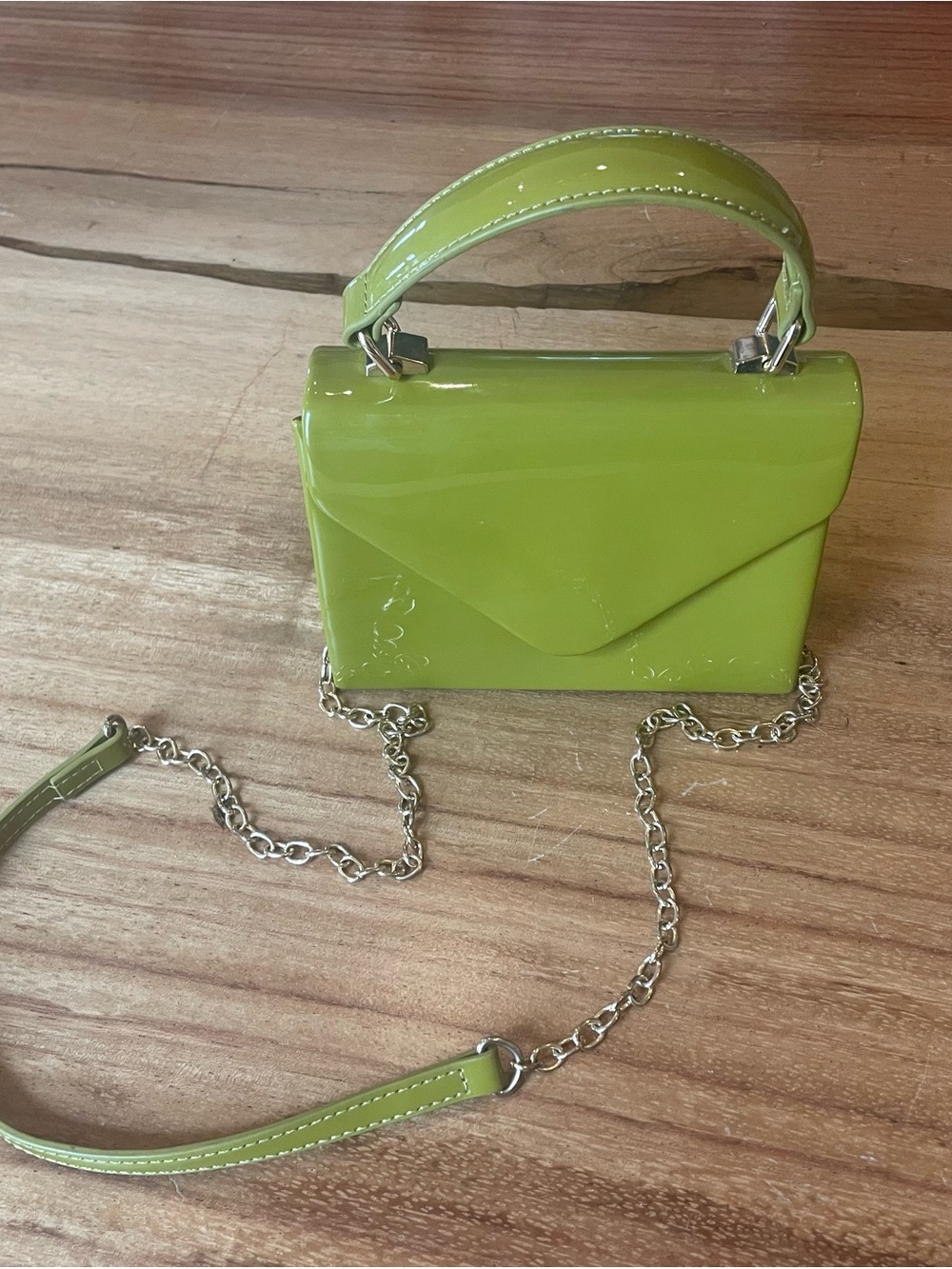 Shiny Green Patent Top-Handle Women's Bag with Chain Strap